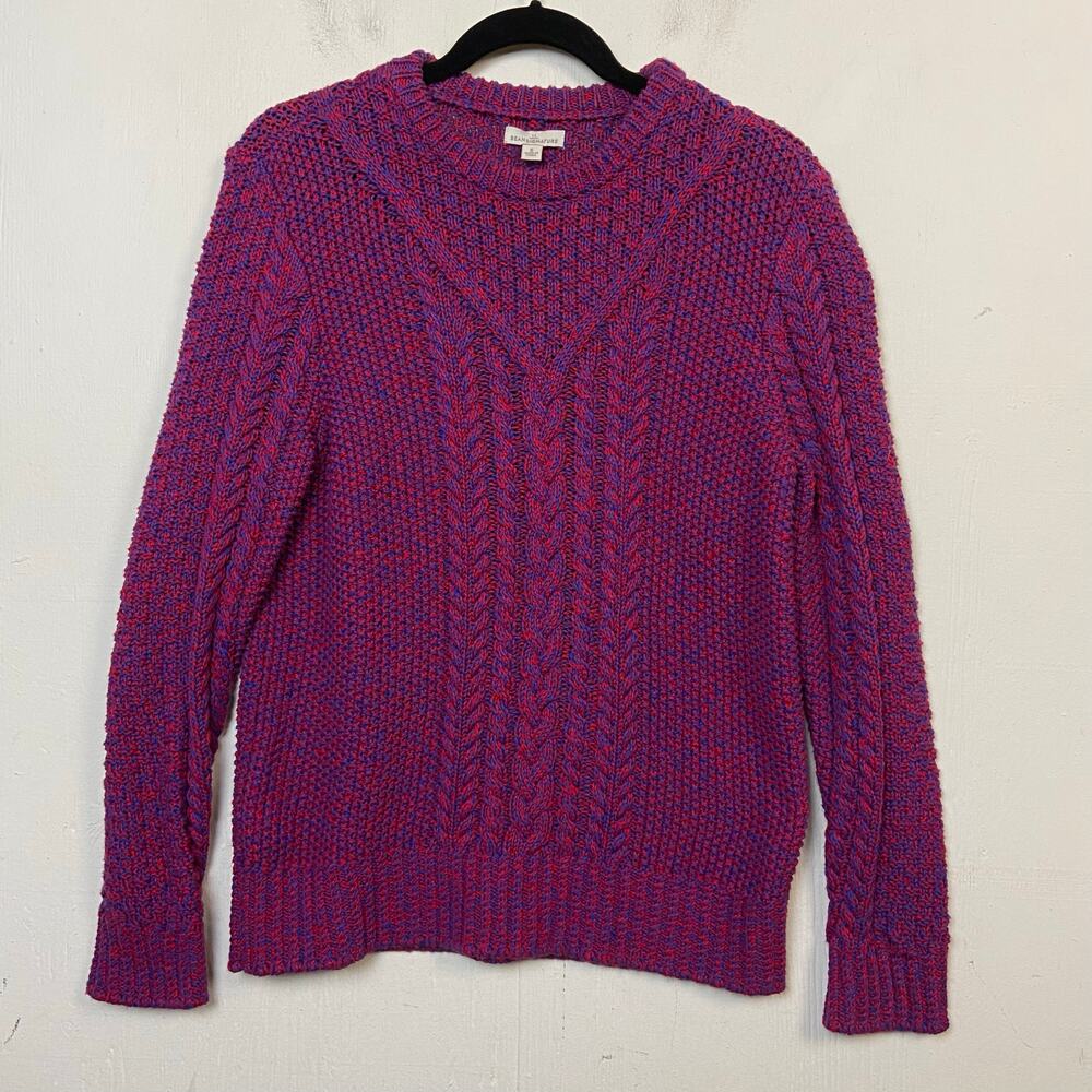 L.L. BEAN SIGNATURE Women's Blue Red Fisherman Cable Knit Sweater Small Cotton
